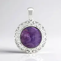 Cavill - Zilveren Hanger - 925 Sterling Zilver Gerhodineerd - 9,68 ct Prachtige Paarse Charoite Ronde Cabochon 15 mm - Luxe Sieraad Uit Rusland