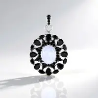 Cavill - Zilveren Hanger - 925 Sterling Zilver - Regenboog Maansteen 2,92 ct Ovaal Cabochon - Zwarte Spinel 3,92 ct - Elegante Edelsteen Hanger Dames