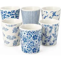 Discountershop Koffiekopjes Set van 6 – Keramische Koffiemokken 200 ml Zonder Oor – Blauw Wit Stapelbaar – Espresso Kopjes Cappuccino Bekers en Theekopjes