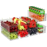 Famanu - Koelkast-organizer, set van 8, stapelbare opbergdozen, kleine koelkastdozen met handvat, doorzichtig reservoir voor keuken, kasten, vriezer, voorraadkast, BPA-vrij