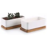 Famanu - Set van 2 keramische rechthoekige vetplantenpotten met bamboe onderzetter 16,5 cm wit