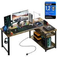 COMHOMA - L-vorm Gaming Bureau - Met USB en Stopcontact 130x80x74 cm - Bruin