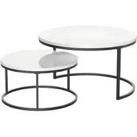 OKWISH Salontafel – Ø 80 & 60 cm – Nestbaar (ruimtebesparend) – Set van 2 – Moderne woonkamer tafel – Ronde bijzettafels – Marmerlook – Wit / Zwart