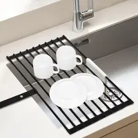 Famanu – Afdruiprek voor gootsteen - inklapbaar en afneembaar - groot - met antislip siliconen randen en riemen - organizer voor de keuken - afdruipmat - 51 x 32 cm - zwart