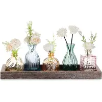 Famanu – Kleine Glazen Vaas Voor Thuis: 5 Kleurrijke Bud Vases Met Houten Dienblad Voor In De Woonkamer Kantoor Eettafel Tafelstuk - Classy Bloemenvazen Set Voor Verjaardag Verjaardagscadeaus