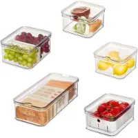 Famanu - Opbergbakken, koelkastorganisatoren met deksels, set van 5, gemaakt van gerecycled kunststof, keukenaccessoires om voedsel vers te houden, transparant en wit