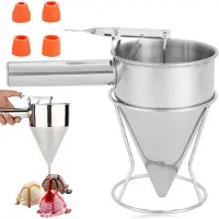 Famanu - Pannenkoekendeegdispenser 1,2 L RVS met Standaard, trechter set met 4 opzetstukken, zuigertrechter en baktrechter voor thuis bakkerij