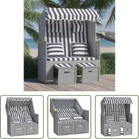 The Living Store Strandstoel met kussens poly rattan en hout blauw en wit - Strandstoel - Ligbed - Lounge Stoel - Tuinset - Buitendrankjes