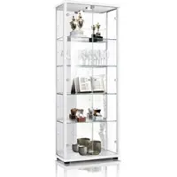 K-Möbel Vitrinekast met glas staand met 2 deuren, 4 in hoogte verstelbare glasplanken, spiegel & slot - Vitrinekast met led verlichting - 176x67x33 cm - Wit