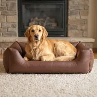 4L Textil Mario L Orthopedisch hondenbed van kunstleer, hondenmand, kunstleer, middelgrote honden, traagschuim, viscose, waterafstotend, duurzaam, comfortabel (100 x 70 x 25 cm, bruin)