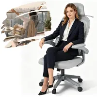 YARDIN Ergonomische bureaustoel, grijs, ademende mesh-rugleuning met hoofdkussen, verstelbare armleuningen, 125° kantelfunctie, bureaustoel geschikt tot 150 kg
