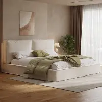 Merax Gestoffeerd bed - tweepersoonsbed - 180 x 200 cm - met bedbodem - met gestoffeerd hoofdeinde - beige - chenille - zonder matras