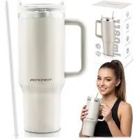 Berdsen RVS Thermosfles met rietje - Beige - 1180ml - Warm 6h & Koud 12h - RVS 304 - BPA vrij - Grote Sportbeker - Geisoleerde Waterfles - Warmhoudende Koffiebeker - All Smiles Reisbeker met deksel