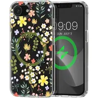 Kwmobile Kristalheldere hardcase compatibel met Apple iPhone 17e / iPhone 16e Hoesje – compatibel met MagSafe – Acryl hoesje met TPU-rand – Charmante bloemen design