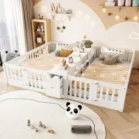 Merax kinderbed, houten bed 90x200 cm met lades en dubbele plank, laag bed met veiligheidshekjes, bed met opbergruimte, geschikt voor broers en zussen, wit