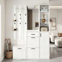 OKWISH Schoenenkast – Garderobe Met Spiegel En Haken – 120 x 30 x 178 cm – 3 Schoenkleppen, 1 Lade, 4 Kasten – MDF En Spaanplaat Wit