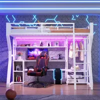 HAUSS SPOLE Hoogslaper 90x200 cm - Met Bureau, Lichtstrook En Stopcontact - Opbergruimte En Kledingrek - Zonder Matras - Wit