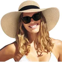 VHV -Zonnehoed Dames met Brede Rand Diameter van 48 cm- Strohoed UV Bescherming UPF 80 - Opvouwbare Strandhoed Kreukvrij - Stijlvolle Floppy Hat voor Zomervakantie en Strand - Beige