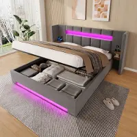 HAUSS SPOLE Gestoffeerd Bed 160x200 cm - Met USB, LED en Opbergruimte - Hydraulische Bedbodem - Zonder Matras - Fluweel - Donkergrijs