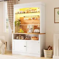 OKWISH Keukenkast – Hoge Opbergkast Met Ledverlichting En Glasplank – 107 x 34 x 184 cm – 6 Haken – MDF Wit Met Metaal