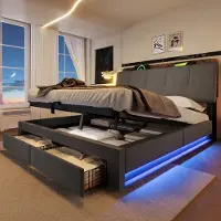 HAUSS SPOLE Gestoffeerd Bed 140x200cm - Met USB en USB C, LED en Opbergruimte - Zonder Matras - Linnen - Grijs