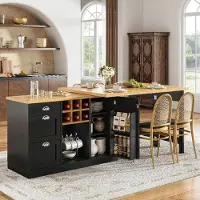 Flieks Multifunctionele bartafel met opbergruimte, uitschuifbaar keukenblok met wijnrek, metalen handgrepen, 360° draaibare, inklapbare keukentafel, zwart
