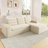 OKWISH woonkamerbank met armleuningen, naadloos design, hoekbank die gecombineerd kan worden, corduroy stof, modulaire bank in beige