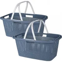 Storage solutions Wasmand met hengsel - 2x stuks - 38 liter - 60 cm - blauw/wit - Draagwasmanden - Wasgoedmand - Mand met handvatten