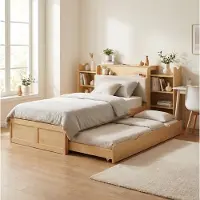 HAUSS SPOLE Multifunctioneel Bed 90x200 cm - Zonder Matras Met Uitschuifbed En Opbergruimte - Met USB En Stopcontact - Houtkleur