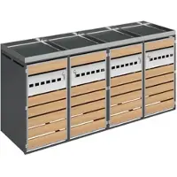 OKWISH afvalbakombinatie, afsluitbaar, met bloempot, geventileerd, met vier compartimenten, voor tuin en oprit, staal, grijs met houtdecor