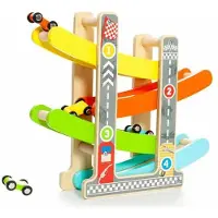 MOLTO Wooden Car Ramp Track Includes 4 Cars Transparant Kinderen