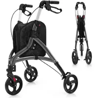 Costway Rollator opvouwbaar en licht, met zitting, loophulp, 6-voudig in hoogte verstelbaar, driewieler, smal, loopwagen met tas en rem, aluminium frame, inklapbaar, voor senioren en volwassenen