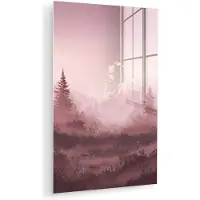MuchoWow Glasschilderij 40x60 cm - Schilderij acrylglas - Landschap - Mistig - Roze - Foto op glas - Muurdecoratie woonkamer - Wanddecoratie slaapkamer - Schilderijen