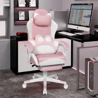 Puluomis - Gaming stoel - Bureaustoel - Katten lendenkussen - PU leer - Hoogte verstelbaar - 90°-135° kantelbaar - Wit Roze