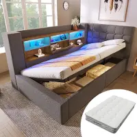 STILVORA Gestoffeerd bed 90x200 cm – Eenpersoonsbed met LED & USB-C – Hydraulische opbergruimte en L-vormig hoofdeinde – Linnenstof – Grijs – met matras