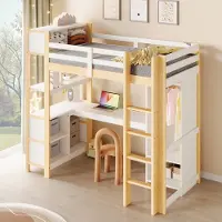 HAUSS SPOLE Hoogslaper 90x200 cm - Met Bureau, Open Planken En Kast - Zonder Matras - Ruimtebesparend Voor Kinderkamer - Grenen - Naturel