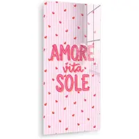 MuchoWow Glasschilderij 20x40 cm - Schilderij acrylglas - Amore vita sole - Roze - Hartjes - Foto op glas - Muurdecoratie woonkamer - Wanddecoratie slaapkamer - Schilderijen