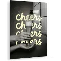 MuchoWow Glasschilderij 30x40 cm - Schilderij acrylglas - Cheers - Wijn - Zwart - Wit - Foto op glas - Muurdecoratie woonkamer - Wanddecoratie slaapkamer - Schilderijen