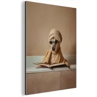 MuchoWow Aluminium schilderij 90x120 cm - Wanddecoratie metaal - Bad - Hond - Boek - Zonnebril - Metalen muurdecoratie woonkamer - Decoratie industrieel - Foto op dibond - Industriële accessoires slaapkamer