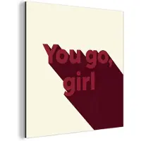 MuchoWow Aluminium schilderij 50x50 cm - Wanddecoratie metaal - you go girl - 3D - Rood - Metalen muurdecoratie woonkamer - Decoratie industrieel - Foto op dibond - Industriële accessoires slaapkamer