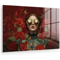 MuchoWow Glasschilderij 150x100 cm - Schilderij acrylglas - Bloemen - Dieprood - Zonnebril - Vrouw - Foto op glas - Muurdecoratie woonkamer - Wanddecoratie slaapkamer - Schilderijen