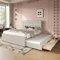 MODFU Bedframe 140x200 cm – beige linnen – met uittrekbaar bed (140x200 cm), 3 lades en verstelbaar hoofdbord