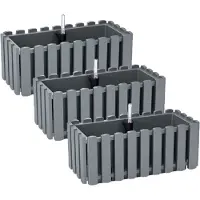 Prosperplast Plantenbak/bloembak Fence look - 3x stuks - kunststof - steengrijs - 38 x 18 x 16 cm