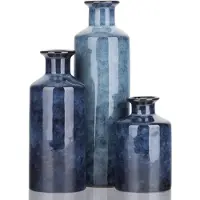 Famanu - Set Keramische Blauwe Vazen: 3 Kleine Vazen voor in Huis – Landelijke Woonkamerdecoratie, Tafeldecoratie, Schoorsteendecoratie en Opvallende Stukken voor in de Hal