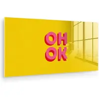 MuchoWow Glasschilderij 160x80 cm - Schilderij acrylglas - Oh ok - 3D - Geel - Roze - Foto op glas - Muurdecoratie woonkamer - Wanddecoratie slaapkamer - Schilderijen