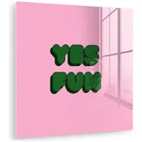 MuchoWow Glasschilderij 50x50 cm - Schilderij acrylglas - Yes fun - Groen - Roze - Foto op glas - Muurdecoratie woonkamer - Wanddecoratie slaapkamer - Schilderijen