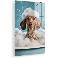 MuchoWow Glasschilderij 40x60 cm - Schilderij acrylglas - Teckel - Bad - Schuim - Waterdruppels - Foto op glas - Muurdecoratie woonkamer - Wanddecoratie slaapkamer - Schilderijen