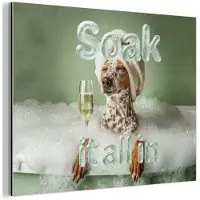 MuchoWow Aluminium schilderij 160x120 cm - Wanddecoratie metaal - Soak it all in - Hond - Bad - Metalen muurdecoratie woonkamer - Decoratie industrieel - Foto op dibond - Industriële accessoires slaapkamer