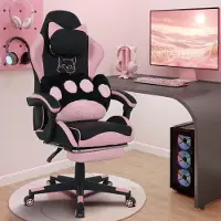 Puluomis - Gaming stoel - Bureaustoel - Katten lendenkussen - PU leer - Hoogte verstelbaar - 90°-135° kantelbaar - Zwart Roze