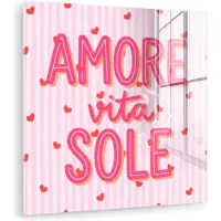 MuchoWow Glasschilderij 20x20 cm - Schilderij acrylglas - Amore vita sole - Roze - Hartjes - Foto op glas - Muurdecoratie woonkamer - Wanddecoratie slaapkamer - Schilderijen